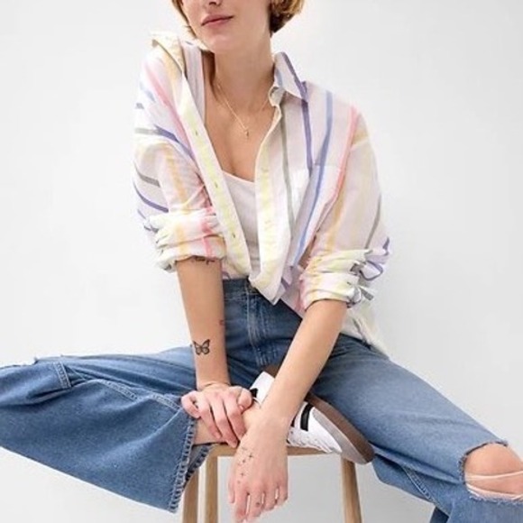 GAP Tops - Gap The Big Shirt Pastel Rainbow Stripe Cotton Button Down Oversized Small pp